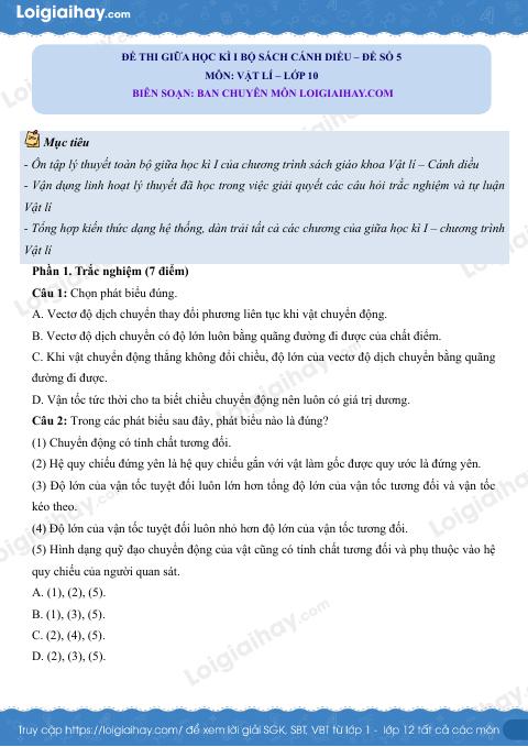 Đề thi giữa học kì 1 Vật lí 10 Cánh diều - Đề số 05
